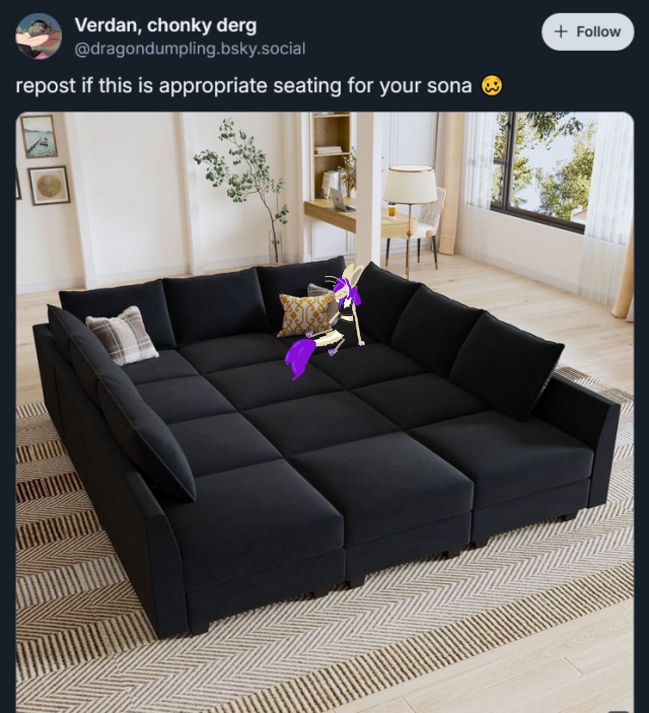 zhe 'repost if this is appropriate seating for your sona' 3 by 4 sofa grid meme, with me drawn looking small in the far corner of it