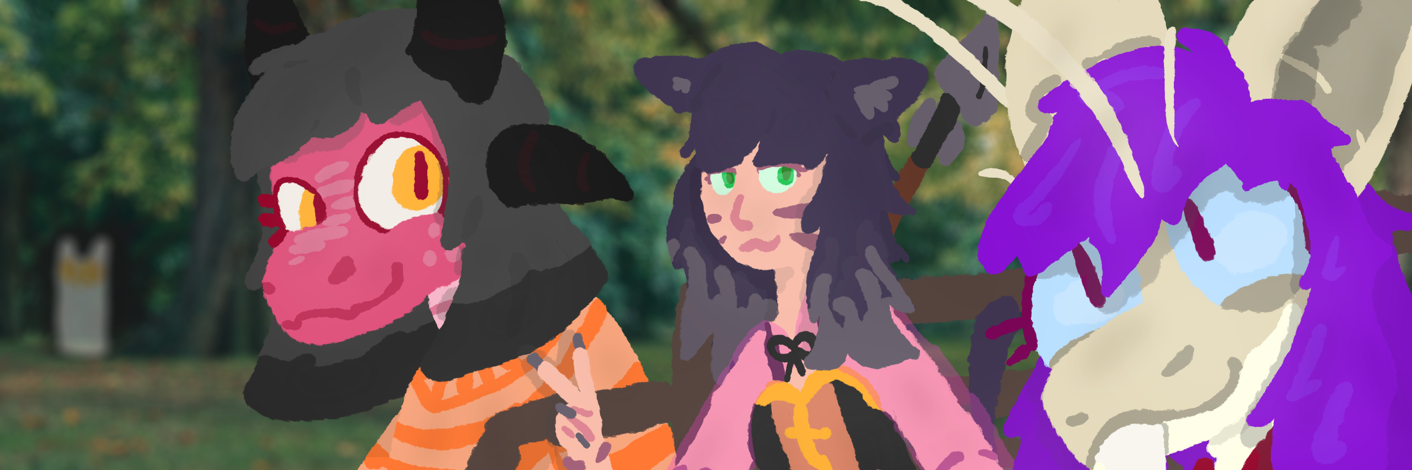 me taking a group photo of our system in a park. pickles is sitting next to me on the bench doing a peace sign to camera, viola is looking happily to camera sitting next to the bench, and widget in the distance doing cryptid shit