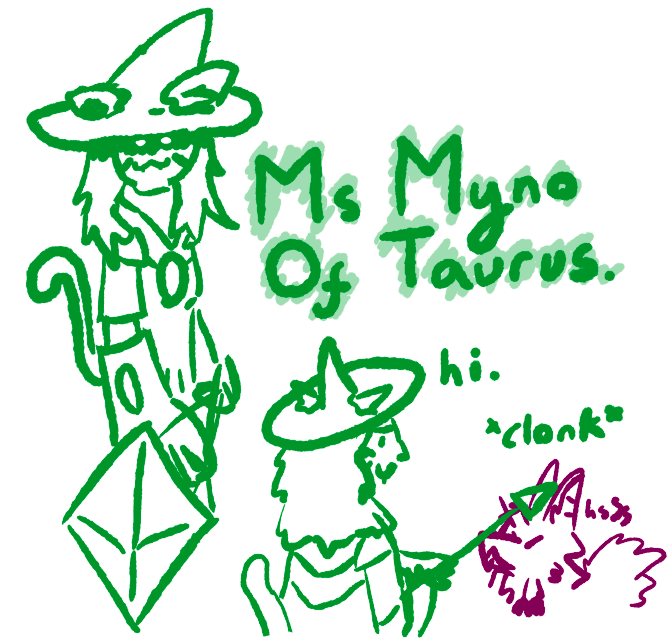 pickles ominously pointing her spear at the viewer saying Ms Myno of Taurus. in a spooky tone. then cut to her clonking me over the head with it and saying hi in a very unserious way. i am hissing