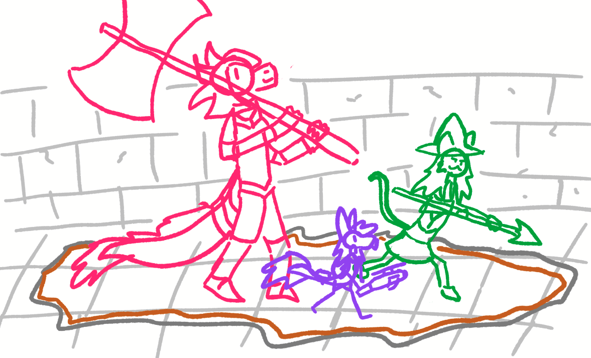 a scribbly drawing of our system as an adventuring party, pickles leading the group with her spear, myno in the middle with some elaborate crossbow thing, and viola in the back in full armour and wielding a gigantic axe. the whole group is encircled with a weird grey-orange smoky shadow
