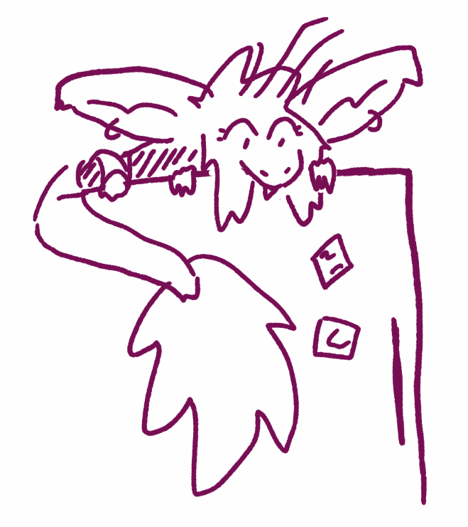 doodle of me looking down from on top of a fridge. my tail. its is in the way of the food