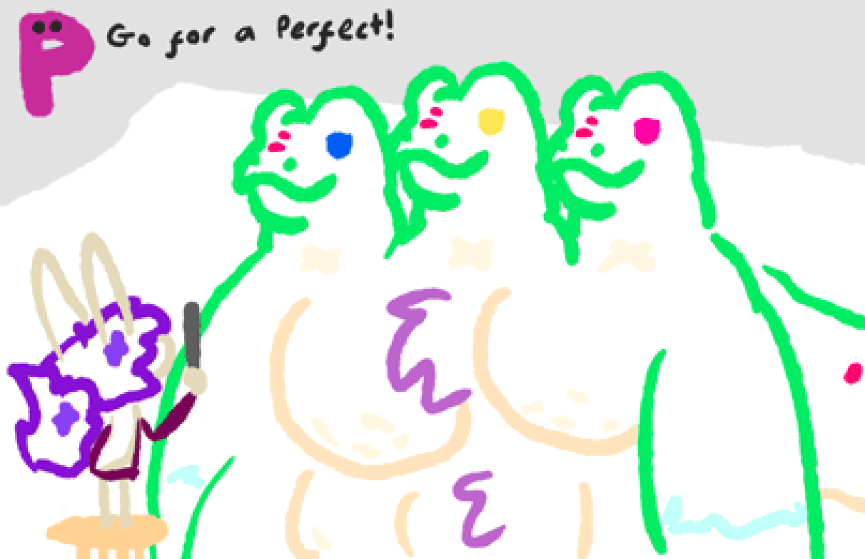 a parody of glee club from rhythm heaven with niss's heads as the three chorus kids and me as the conductor. the third head misses their note and the game ends. i give her a superb anyway and we get an end screen of her with her arms in the air going 'gup!'