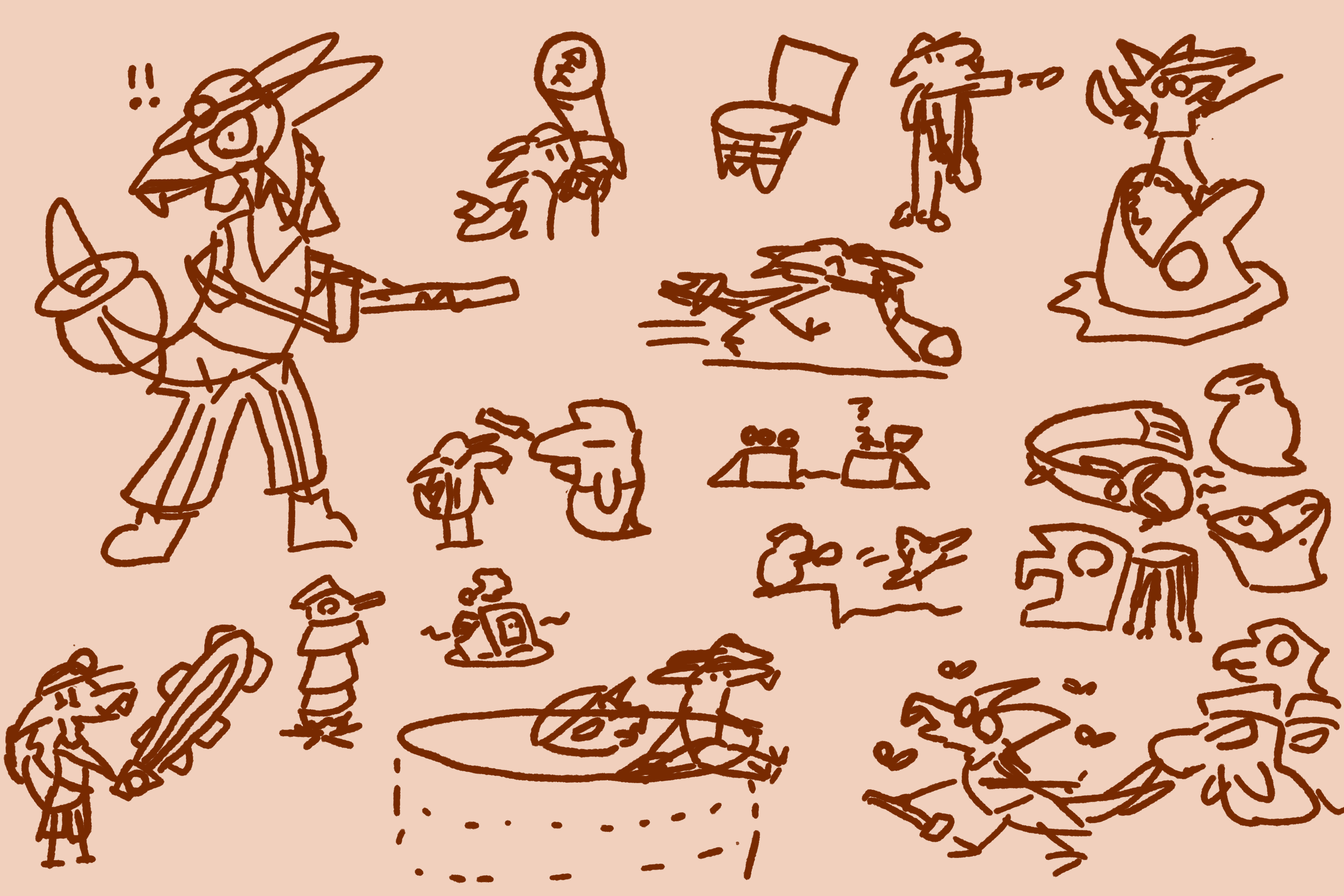 a sheet of very rough salmon run related doodles