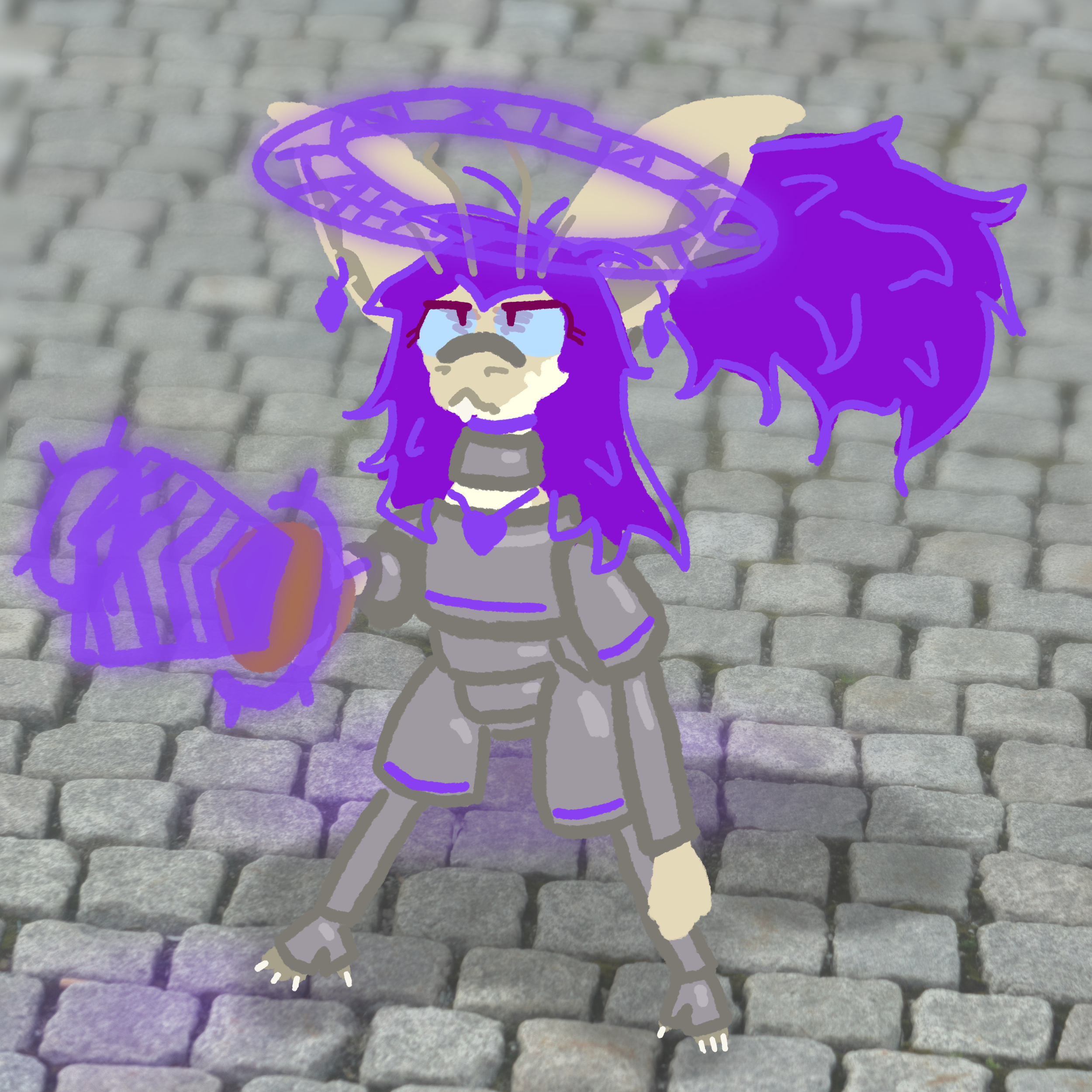 myno dressed in full plated knights armour, angrily wielding a glowy magic sword up towards the viewer. shes got loads of purple jewellry on and a glowy magic sigil halo zhing going on