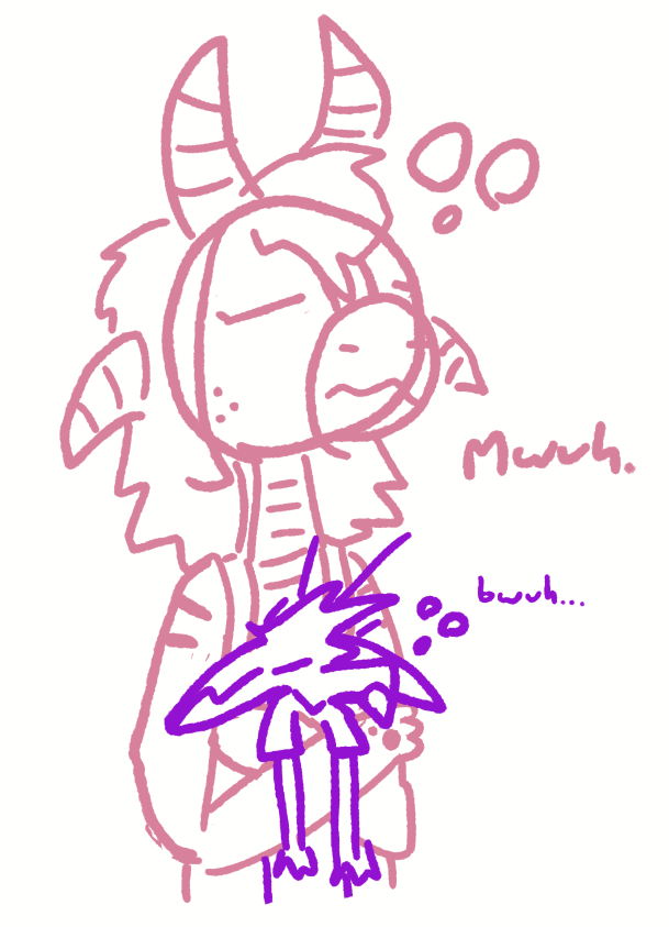 viola carrying myno like a plushie, both looking very tired and making tired noises
