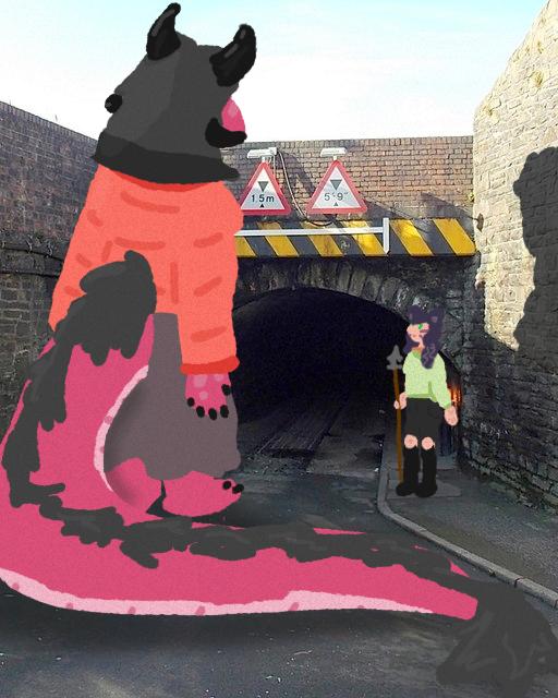 pickles and viola at a 1.5m tall road bridge. viola is just looking down at it sort of defeated. its very jpegged