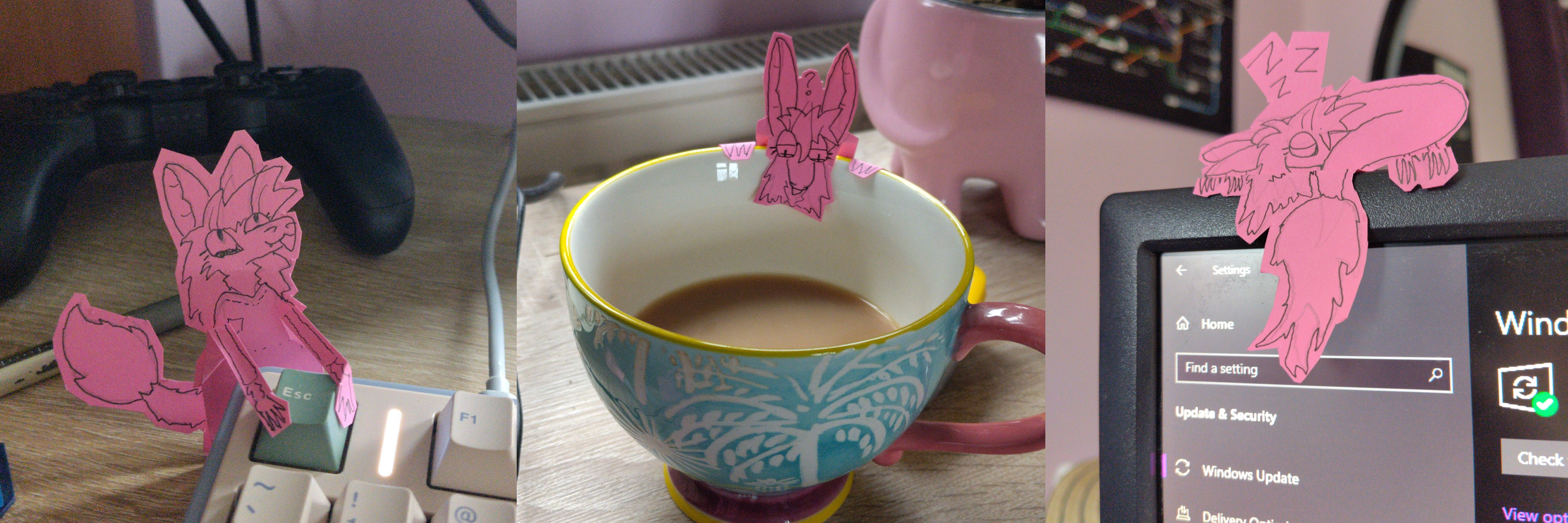 little papercraft models of me leaning over a keyboard's escape key happily, inspecting a large cup of tea, and falling asleep on top of a monitor