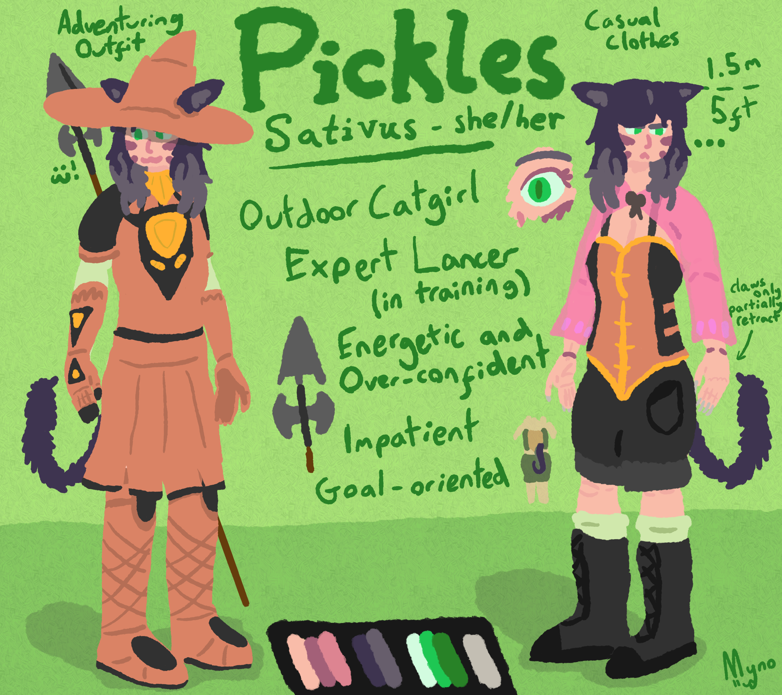 a refsheet for Pickles Sativus, a catgirl with dark purple hair. it shows her in two outfits, one in a tan adventuring outfit with spear, and a more casual one with a steampunky vibe