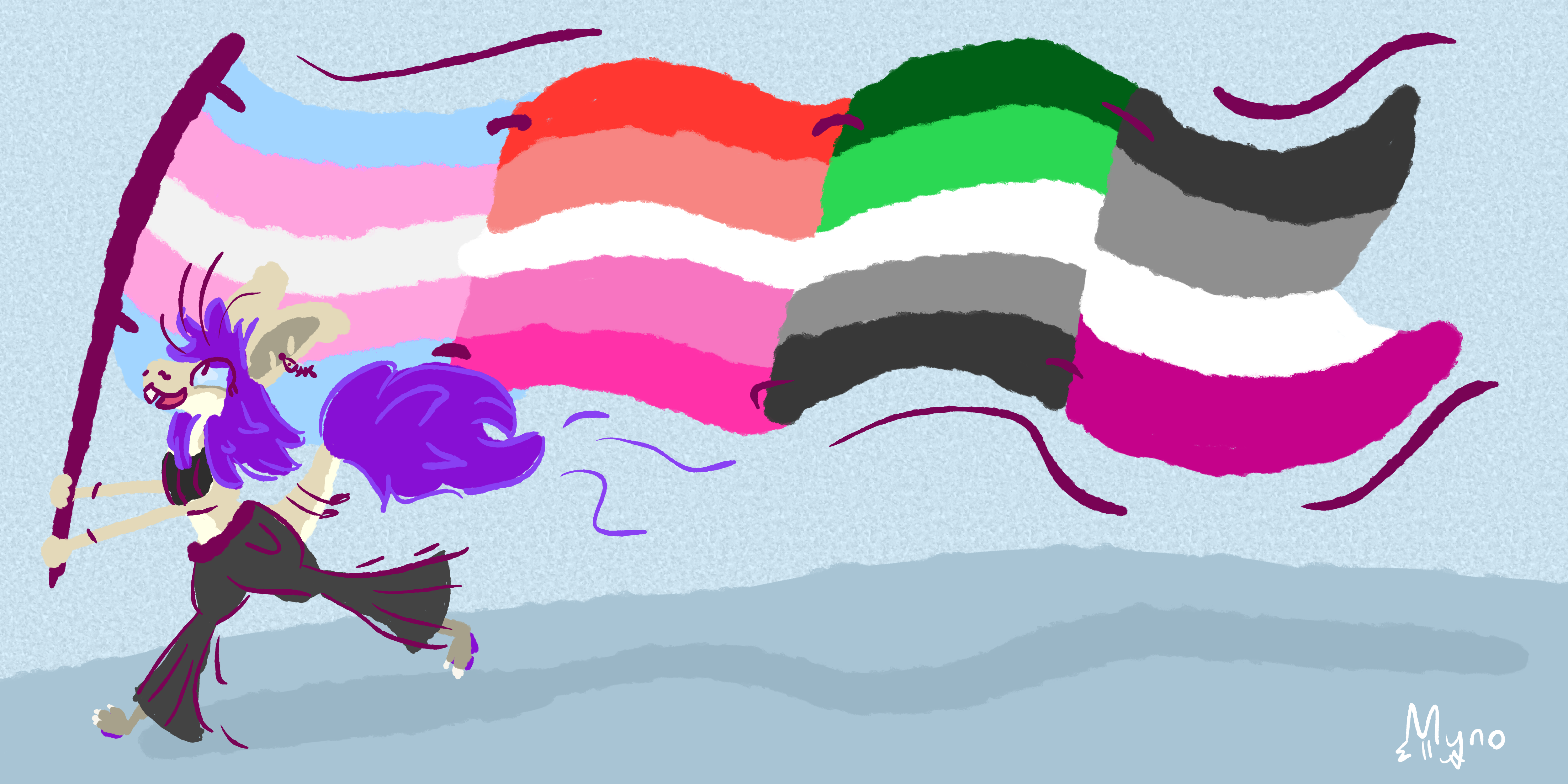 drawing of myno, a sandy yinglet with purple hair, running along carrying a flagpole with trans, lesbian, aro and ace flags tagged together into one big long long flag. the drawing has lots of loose sketchy lines to show movement and make it all feel dynamic drawing of myno, a sandy yinglet with purple hair, running along carrying a flagpole with trans, lesbian, aro and ace flags tagged together into one big long long flag. the drawing has lots of loose sketchy lines to show movement and make it all feel dynamic