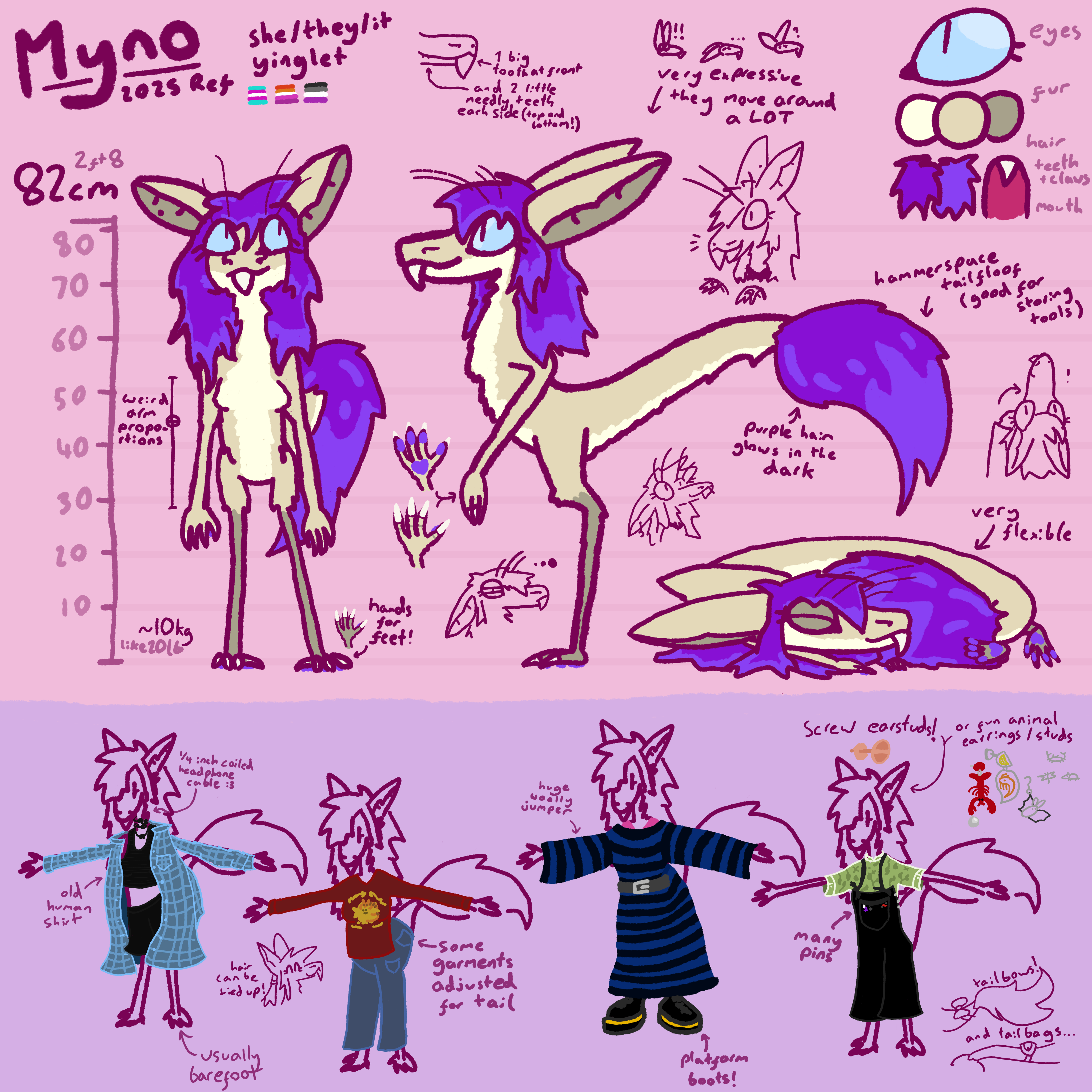 A refsheet showing a sand colored yinglet with large floofy purple hair and tailpoof in various poses and outfits.