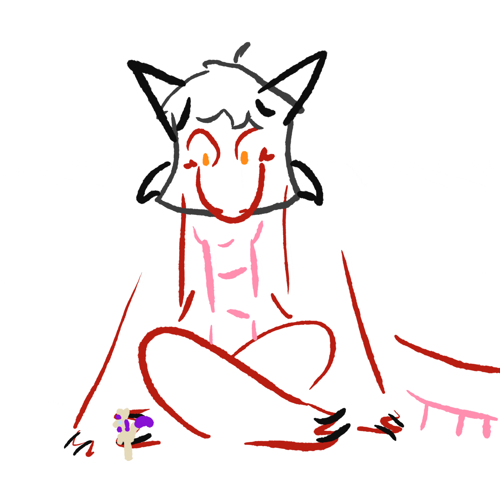 a huge red anthro dragon with grey hair and black horns sits crosslegged, calmly watching a comparatively tiny yinglet run back and forth in front of her