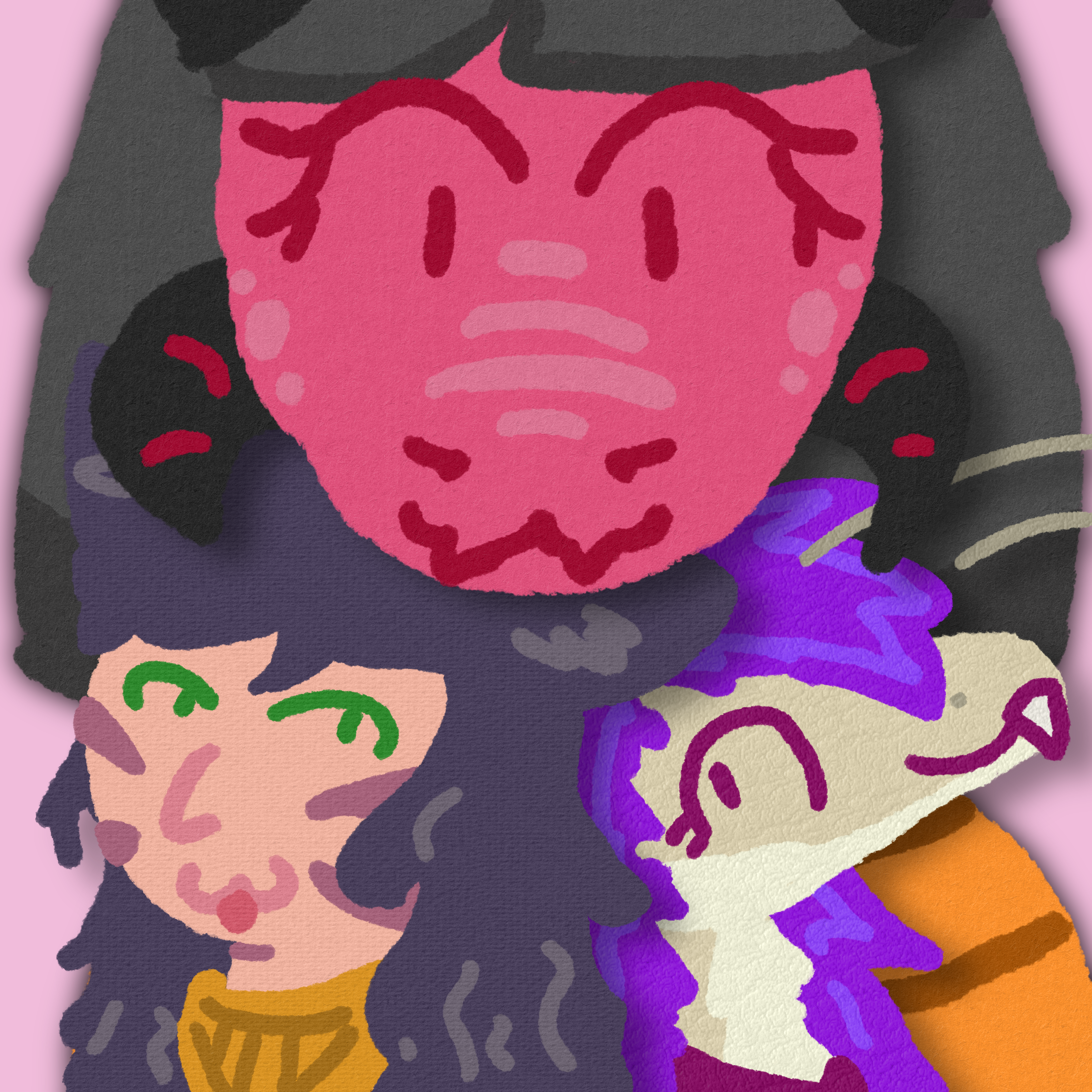 a drawing of viola (big red anthro dragon) leaning over pickles (catgirl) and myno (yinglet). its done in a papercrafty style 