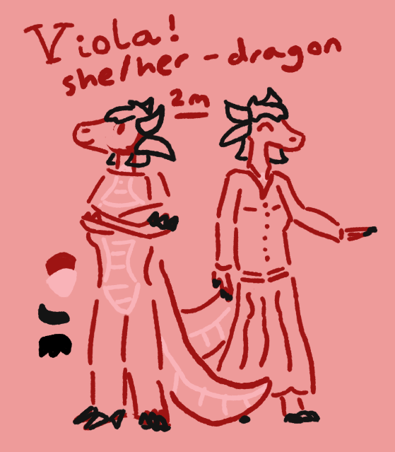 a basic two sketch ref sheet for a red anthro dragon with medium length black hair and horns
