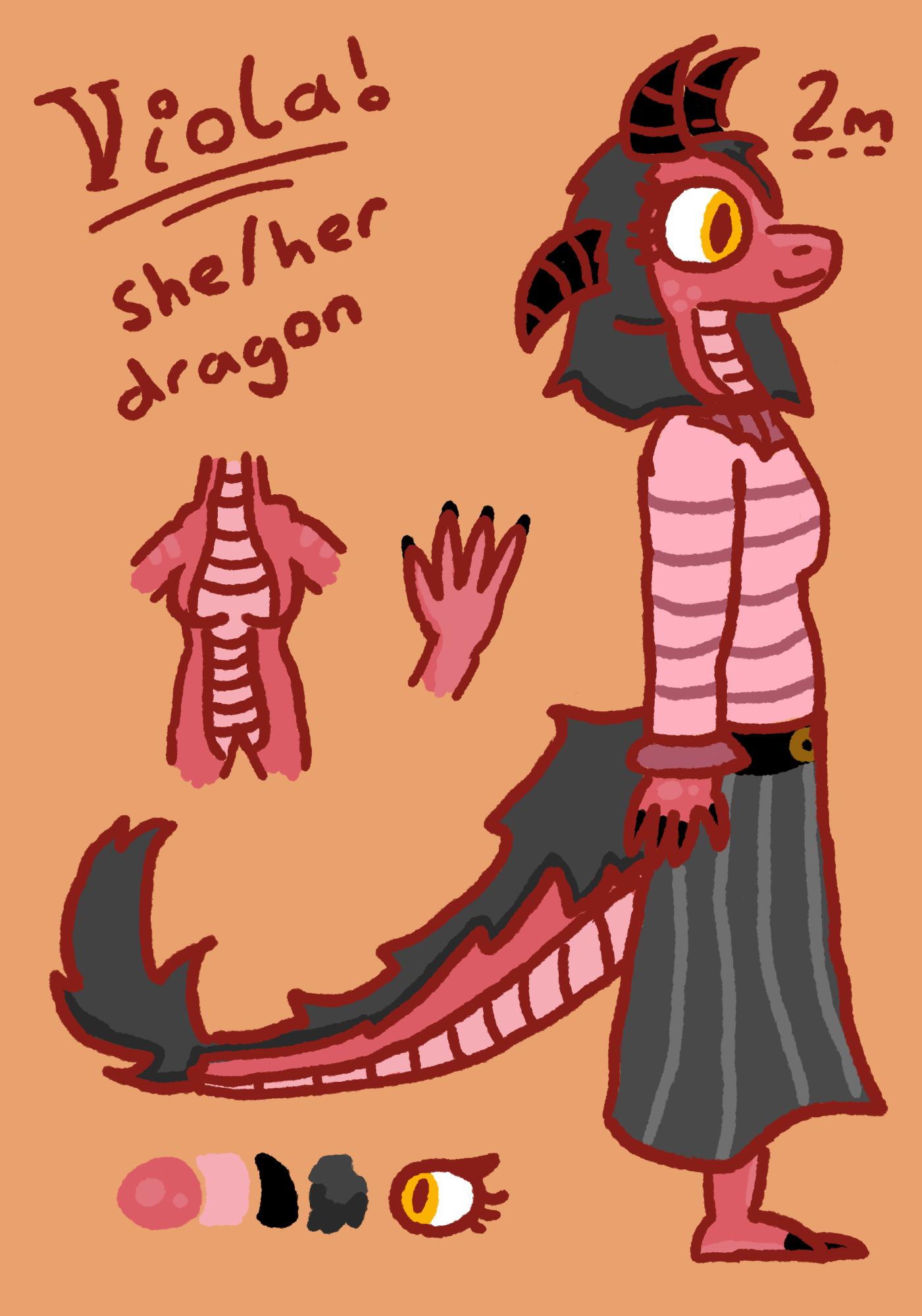 a single fullbody drawing of viola, a red anthro dragon with medium length black hair and horns, alongside a colour palette, detail about patterning on hands and body, and some extra info