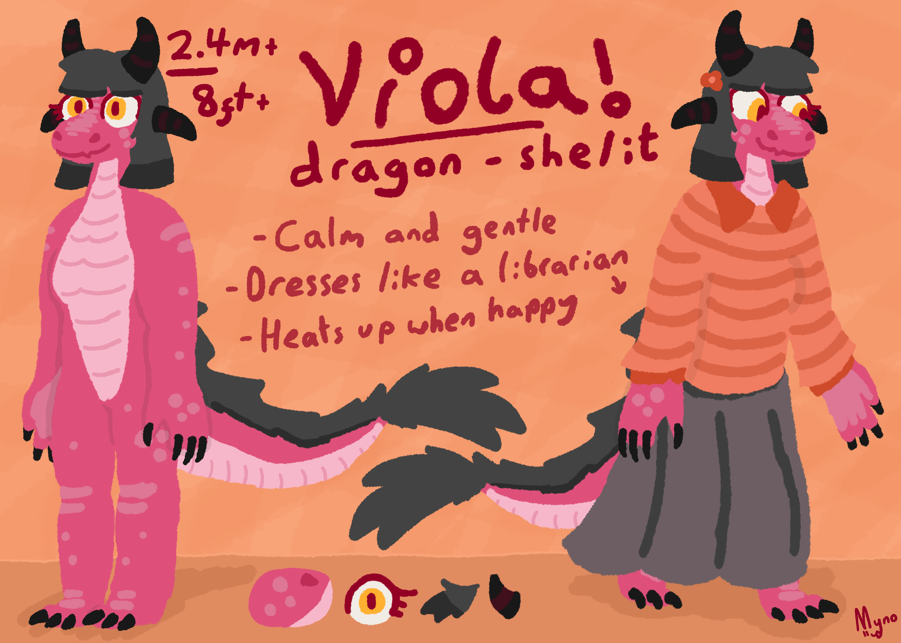 a refsheet for viola, a big red dragon. one side shows her nude and the other shows her in a soft orange jumper and a grey skirt. the text reads Viola! - dragon - she/it - calm and gentle, dresses like a librarian, heats up when happy