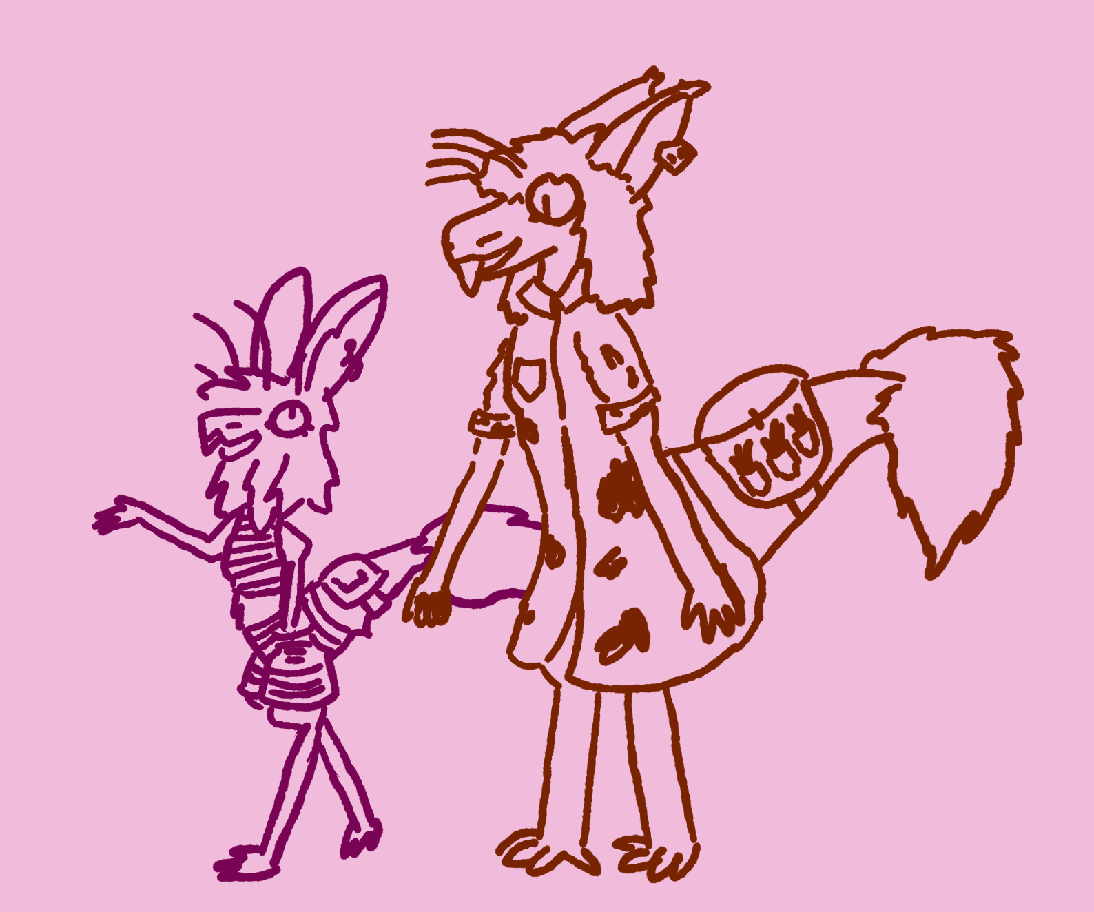 me and ada walking alongside each other and talking. shes in a long paint covered shirt and has a tailbag full of paintbrushes. we are of comedically different sizes and proportions