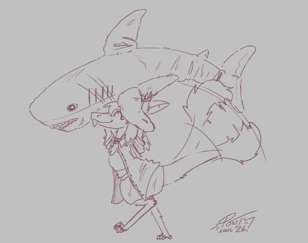 a small yinglet carrying a blahaj over their head. their tail's wagging!