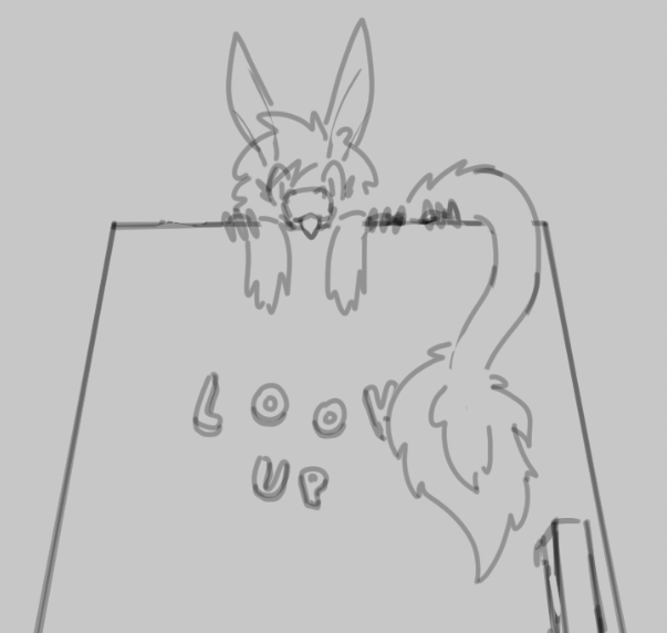 sketch of me looking down curiously at zhe viewer from on top of a fridge. zhe magnets on it spell out LOOK UP