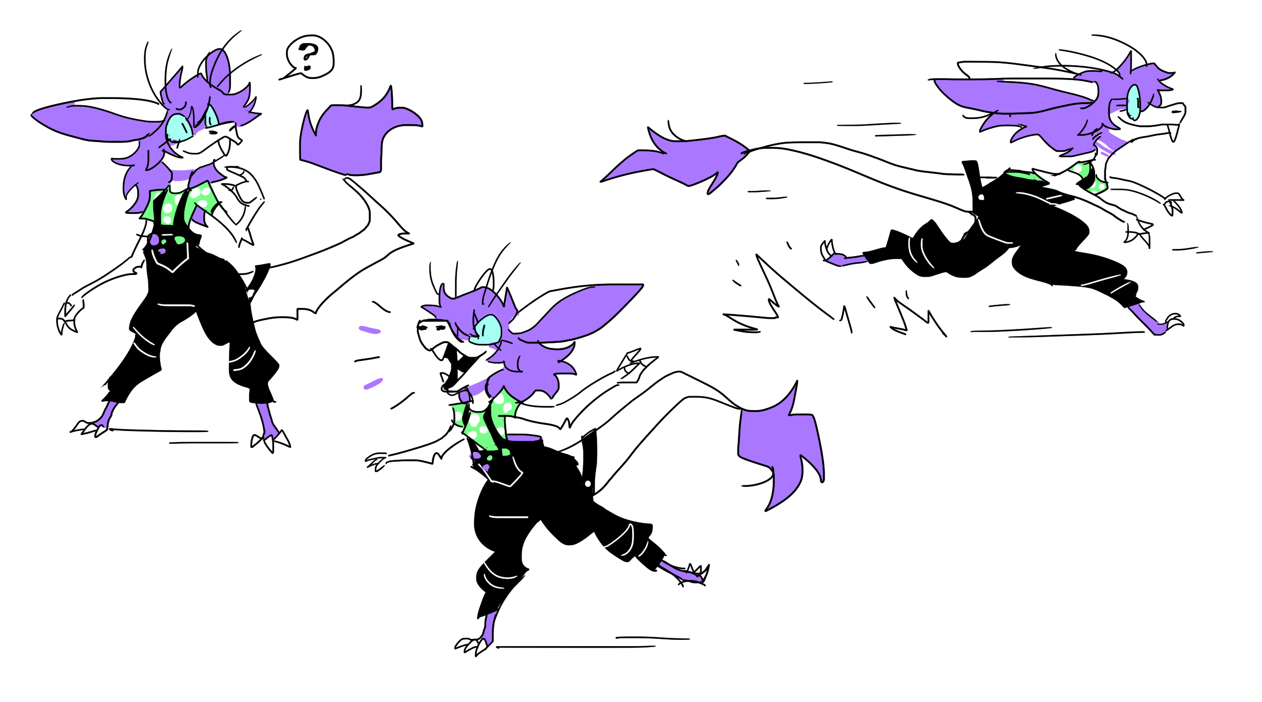 3 sketches of me, a yinglet with blue eyes and big floofy purple hair and tailtuft, wearing a green shirt and black dungarees with pins, looking up in curiosity, excitedly talking, and running, in a dynamic cartoony style with only a few colours