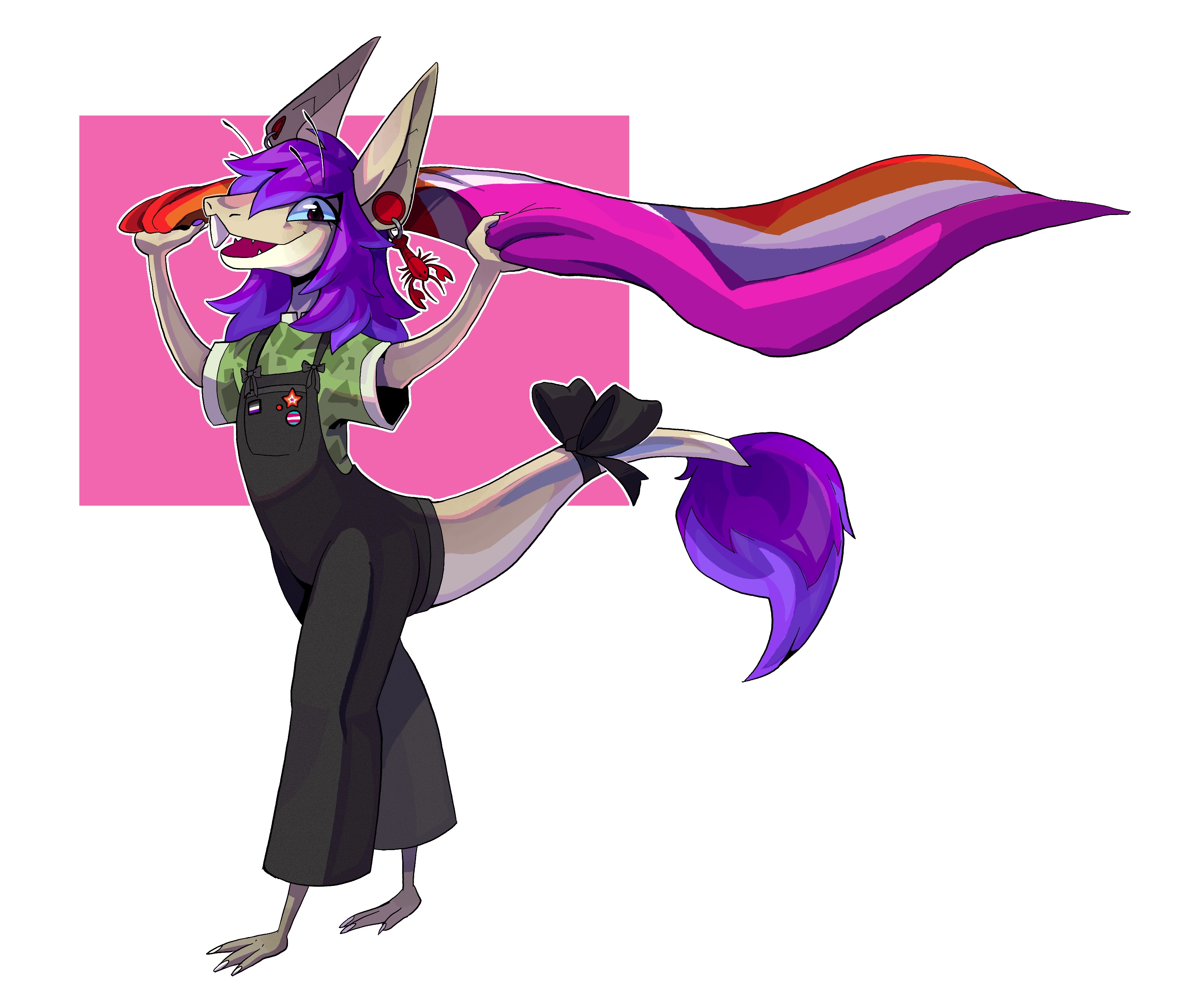 me happily waving a lesbian flag over my head wearing black dungarees, a green leafy shirt, a lobster earring and a black tailbow
