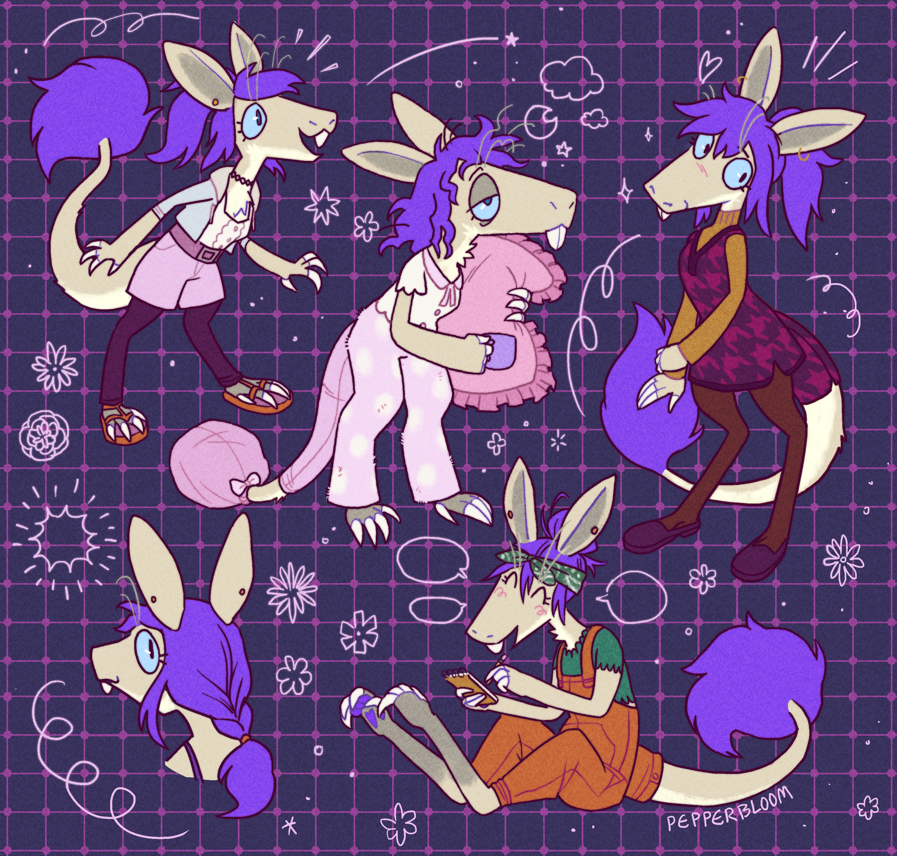 digital illustration of myno, a yinglet (furry rodent creature) with tan fur and purple hair, depicted in various outfits. outfits include a casual 2000s look with leggings and sandals; a pair of pastel pajamas with a matching tail bonnet; a houndstooth dress worn over a sweater, with flats and tights; and a pair of rust-colored overalls with a frilly crop top. 