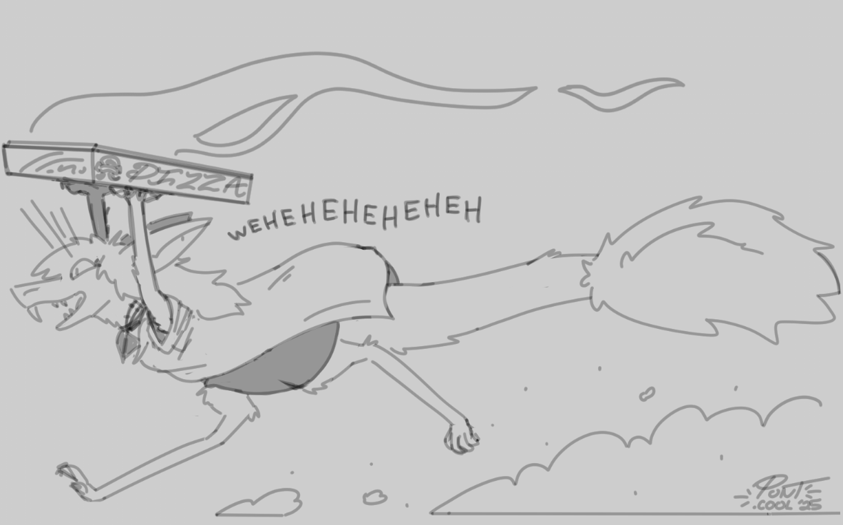 sketch of me running away and cackling while carrying a huge pizza over my head