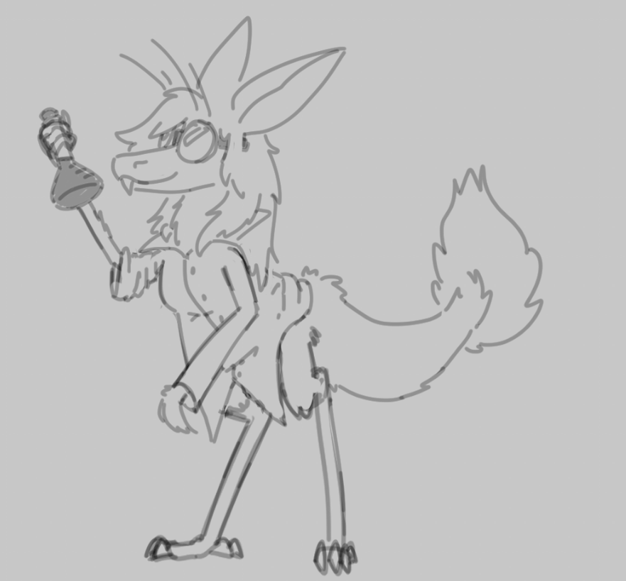 sketch of me in a labcoat and goggles, holding up a flask and examining it