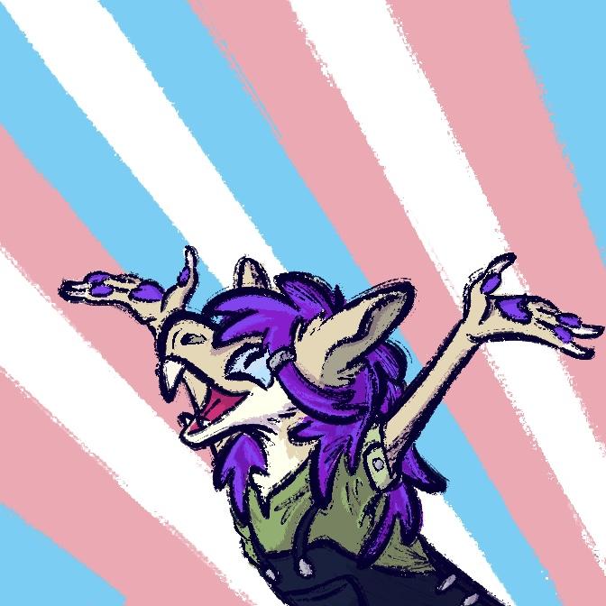 me excitedly looking up with arms outstretched with a diagonal trans flag background