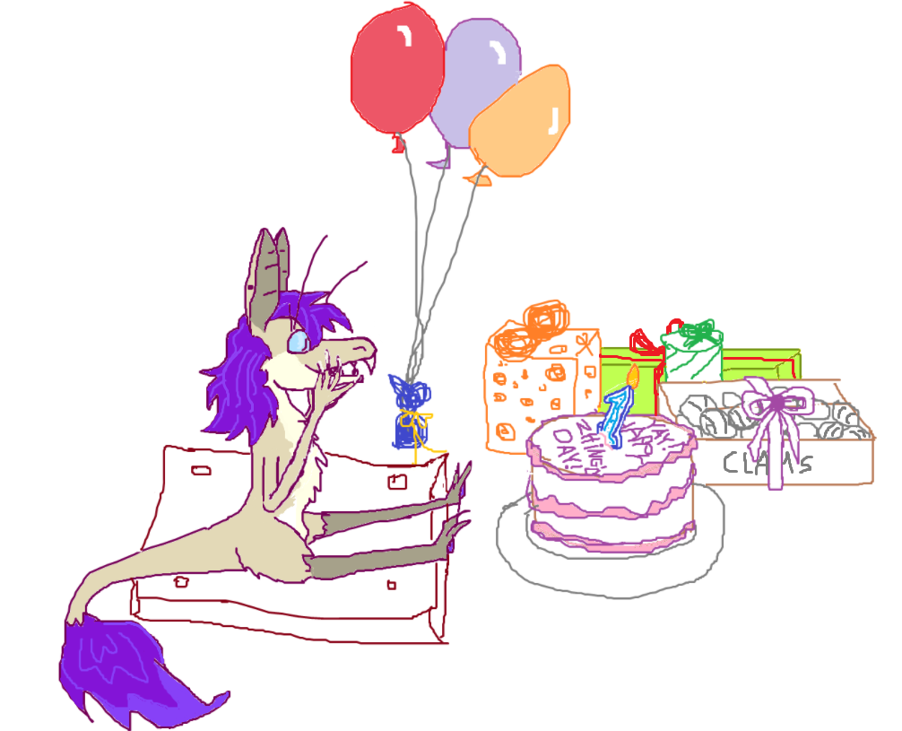 A doodle of me sitting and excitedly looking at a pile of presents and a cake celebrating my first anniversary of being a yinglet