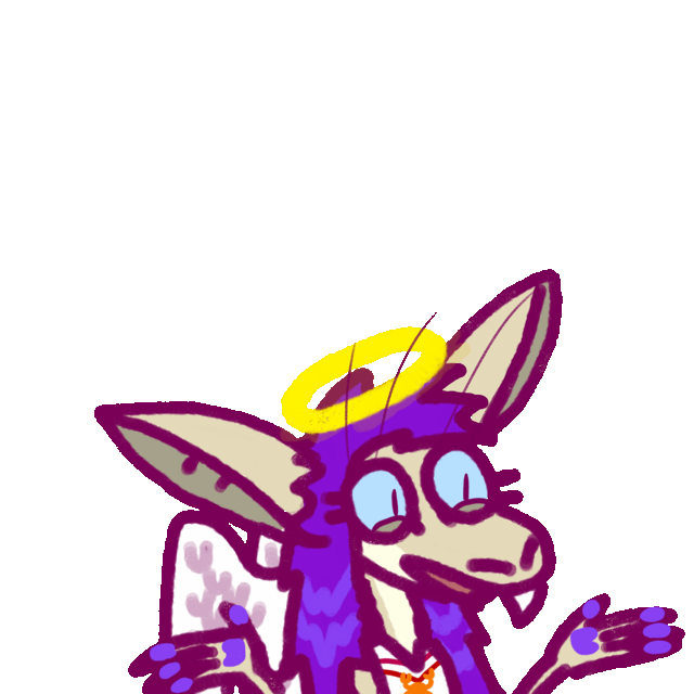 a yinglet amusedly shrugging and talking, dressed as an angel