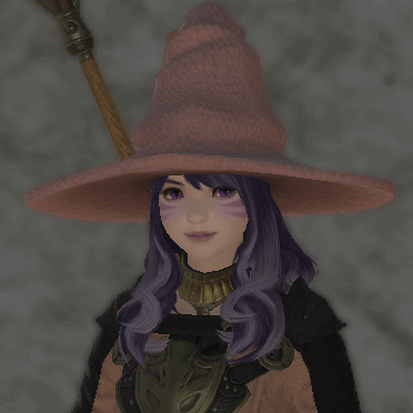 a purple-haired catgirl with a pink hat and a spear happily talking
